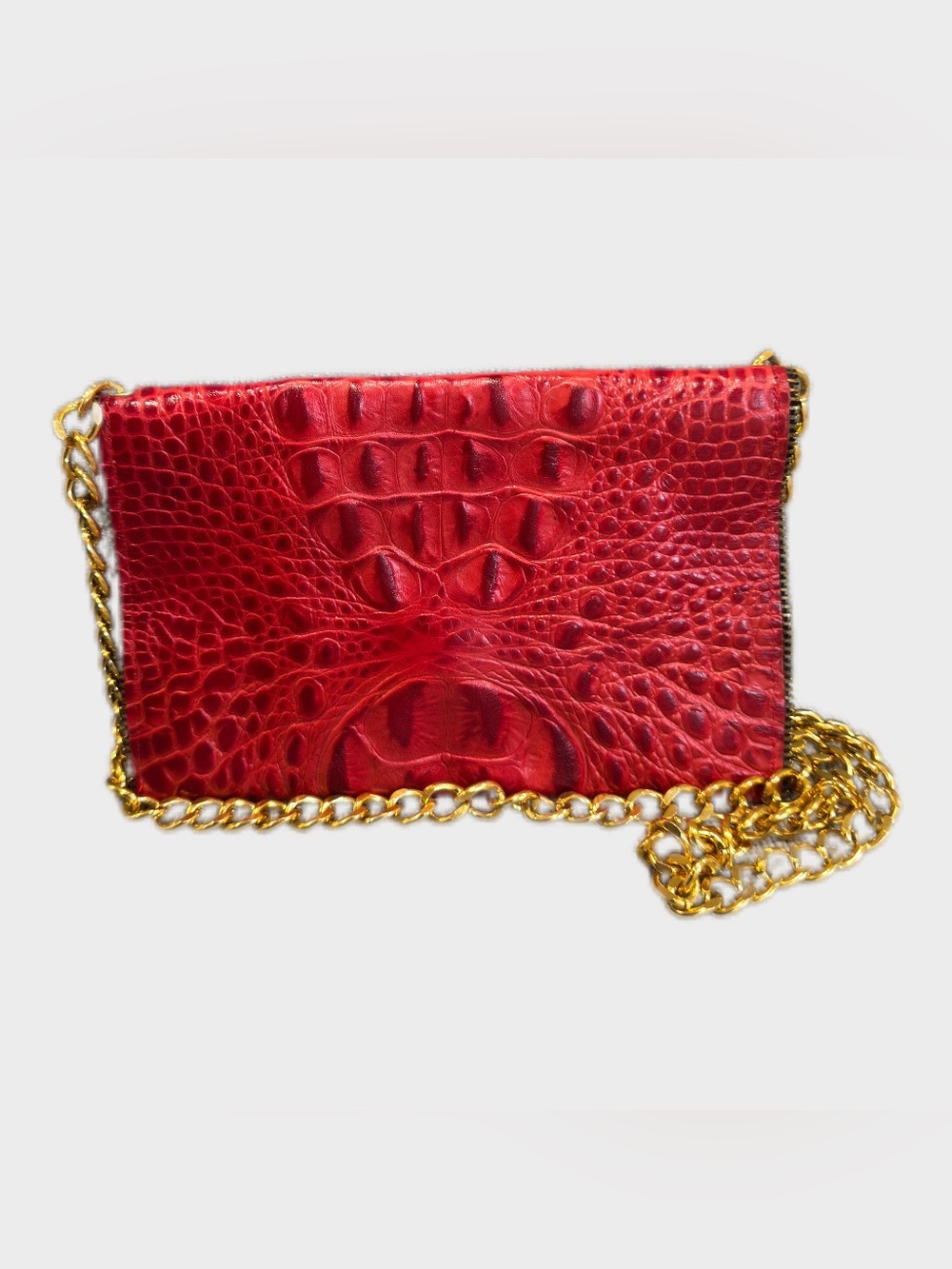 J.J. Winters Red Hornback Crocodile Embossed Leather Clutch and Gold Chain Strap - Picture 2 of 5